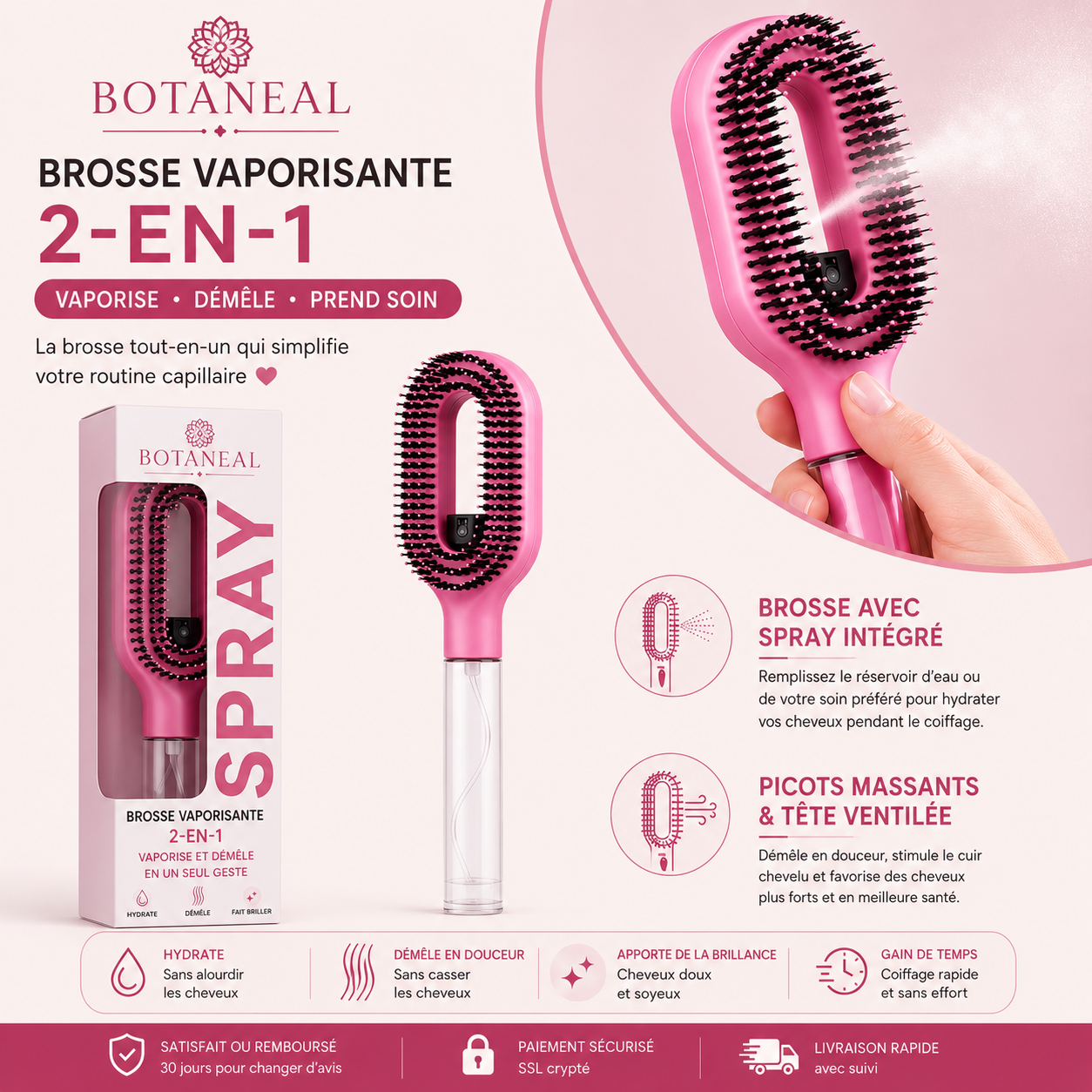 Brosse 2-en-1 Démêlante avec Vaporisateur intégré